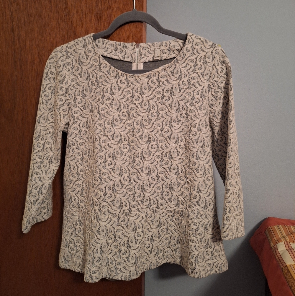 Final Price* J. Crew Cream and Gray Paisley Lace 3/4 Sleeve Flare Hem Top Size M